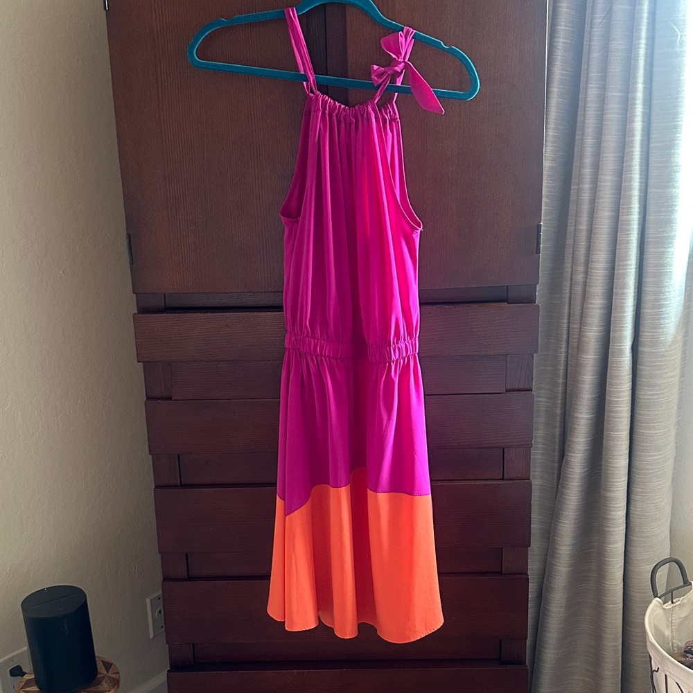 Francesca’s Fuschia Pink Orange Colorblock Halter Dress Medium